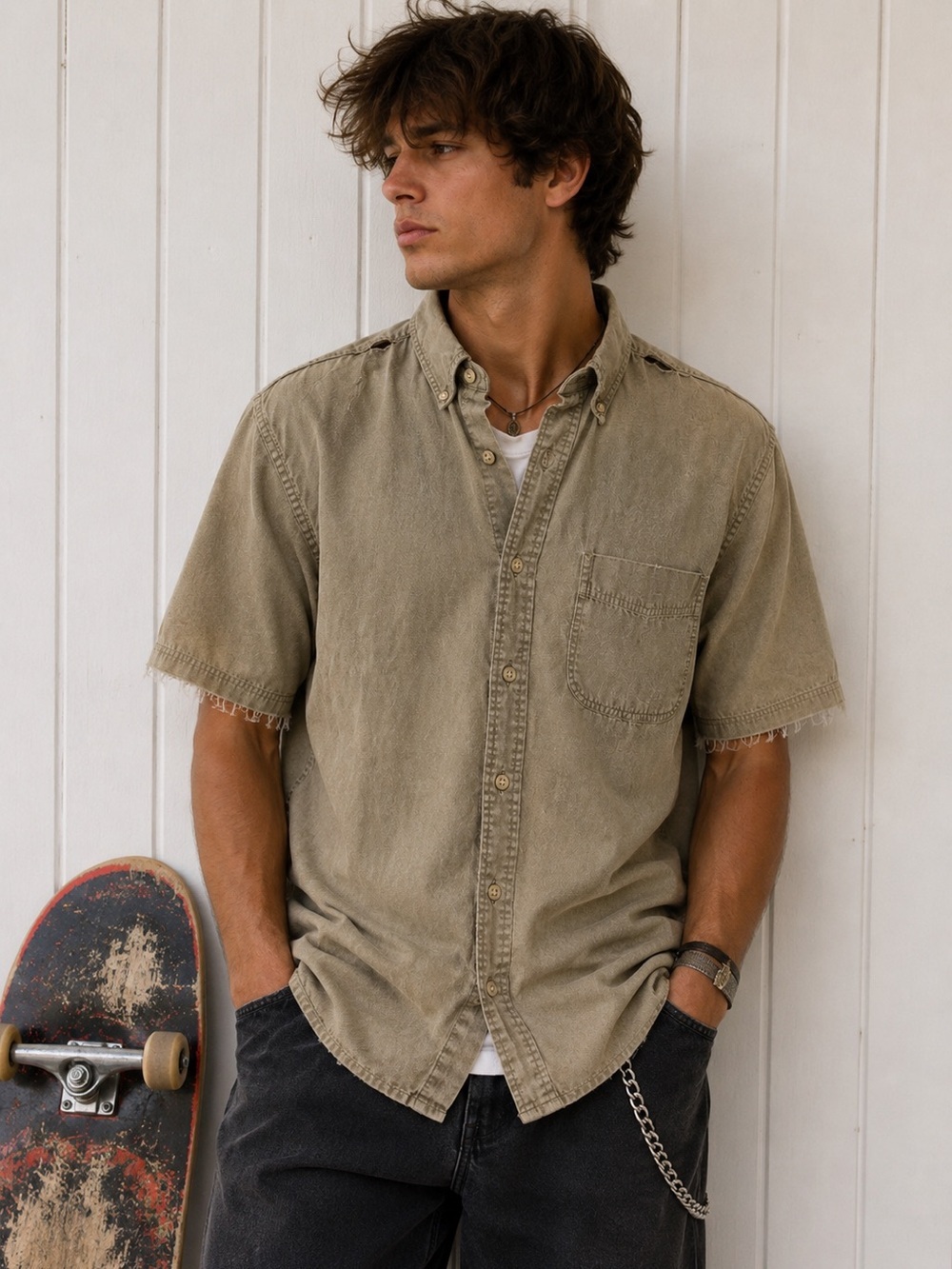 Eddie Bauer Distressed Khaki Button Down Shirt 90s Grunge Workwear Mens XL
